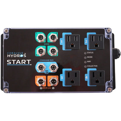 CoralVue HYDROS Start WiFi aquarium controller top view with four AC outlets, Sense ports, and 12V Drive ports