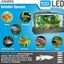 Marina 10G kit suitable species panel showing goldfish, white cloud, platy, tetra, danio, gourami, and guppy with stocking guidance