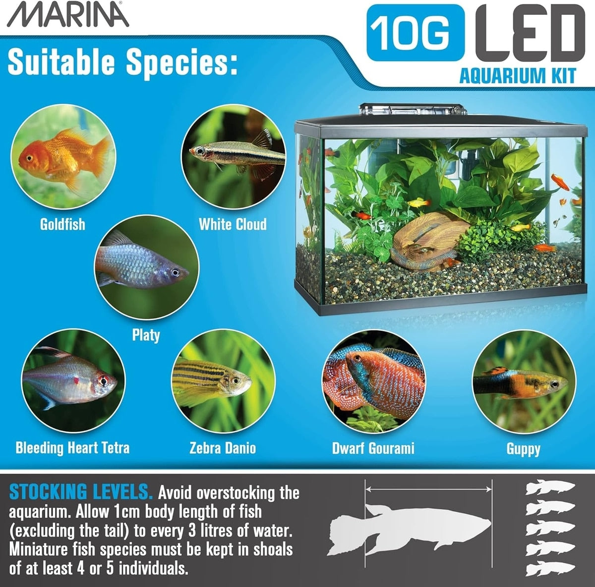 Marina 10G kit suitable species panel showing goldfish, white cloud, platy, tetra, danio, gourami, and guppy with stocking guidance