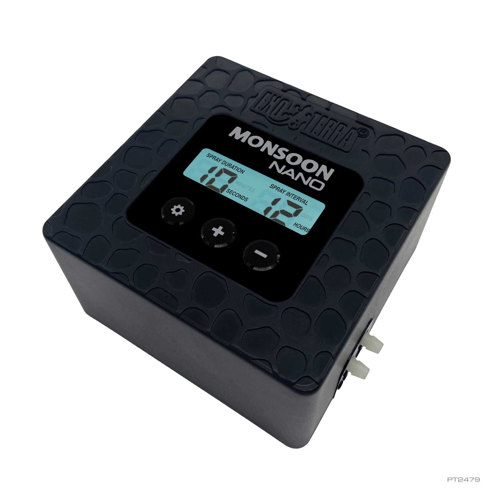 Exo Terra Monsoon Nano misting unit, top view showing the LCD control panel and nozzle ports