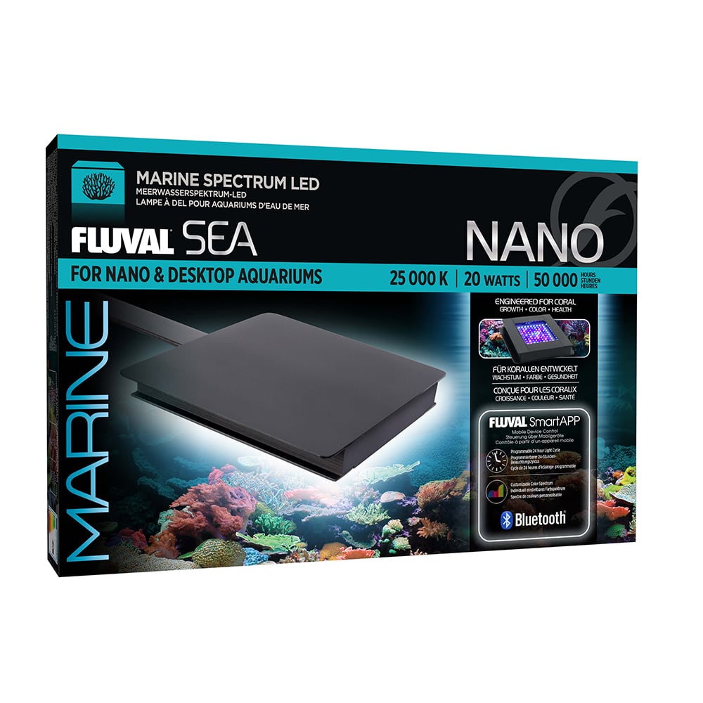 Fluval Sea Marine 3.0 Nano LED box, a 20W 25000K Bluetooth marine LED engineered for coral in nano and desktop reef tanks