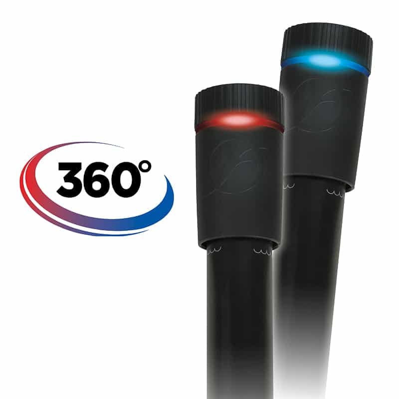 Fluval T Series feature graphic, 360 degree heat distribution with an indicator light that glows red when heating and blue at temperature