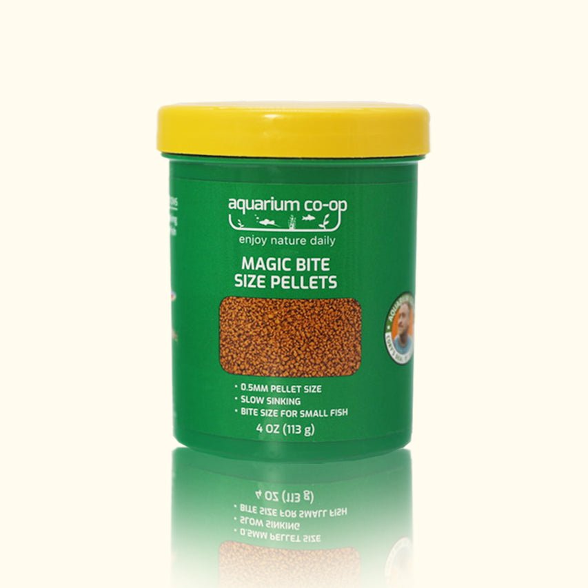 Aquarium Co-Op Magic Bite Size Pellets, container label and ingredients