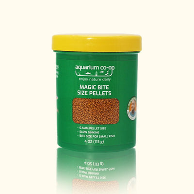 Aquarium Co-Op Magic Bite Size Pellets, container label and ingredients