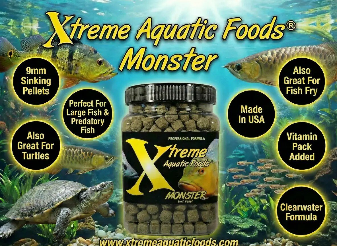 Xtreme Aquatic Foods Monster 9mm sinking pellets banner for large predatory freshwater fish and turtles