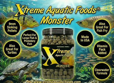 Xtreme Aquatic Foods Monster 9mm sinking pellets banner for large predatory freshwater fish and turtles