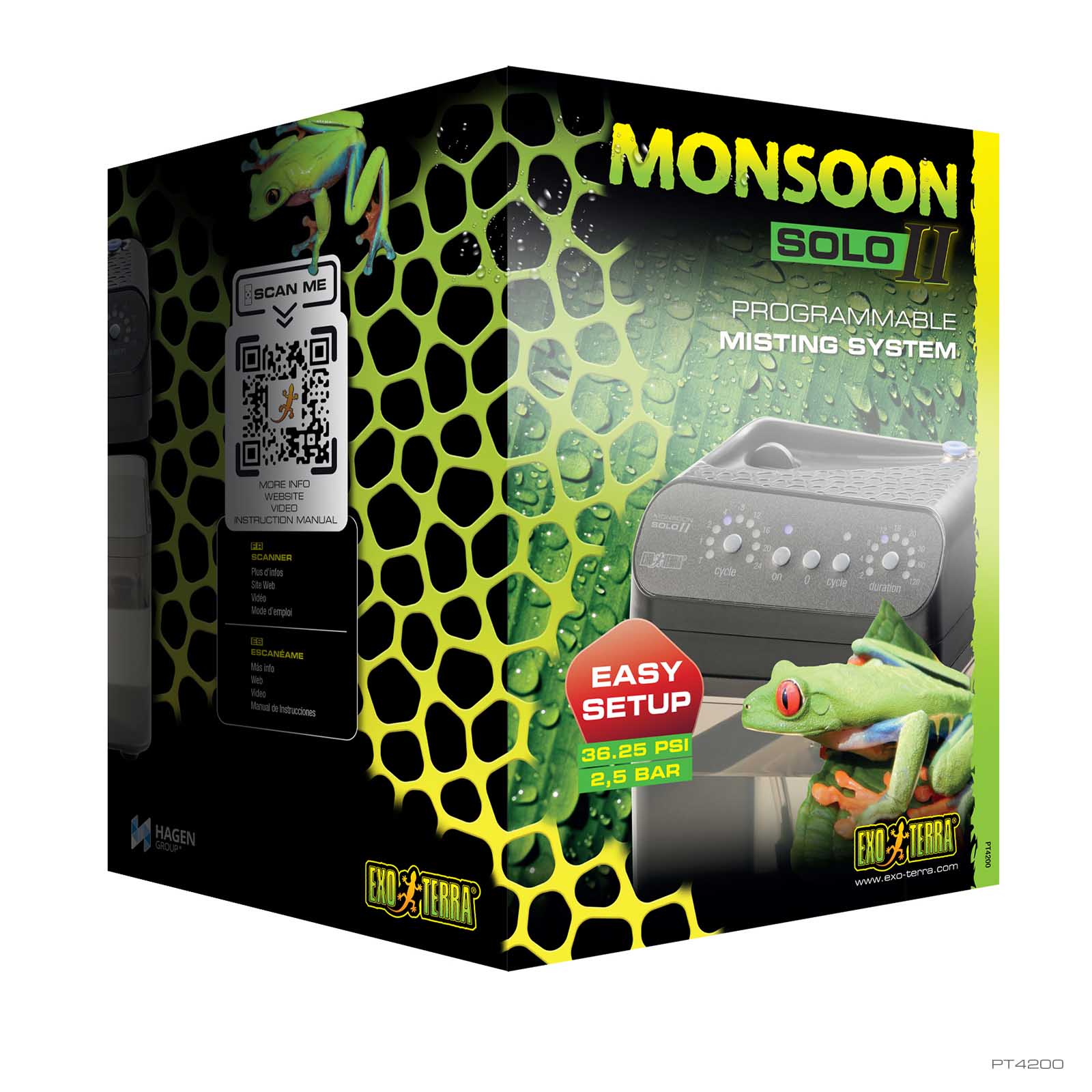Exo Terra Monsoon Solo II retail box, programmable terrarium misting system with 36.25 PSI pump
