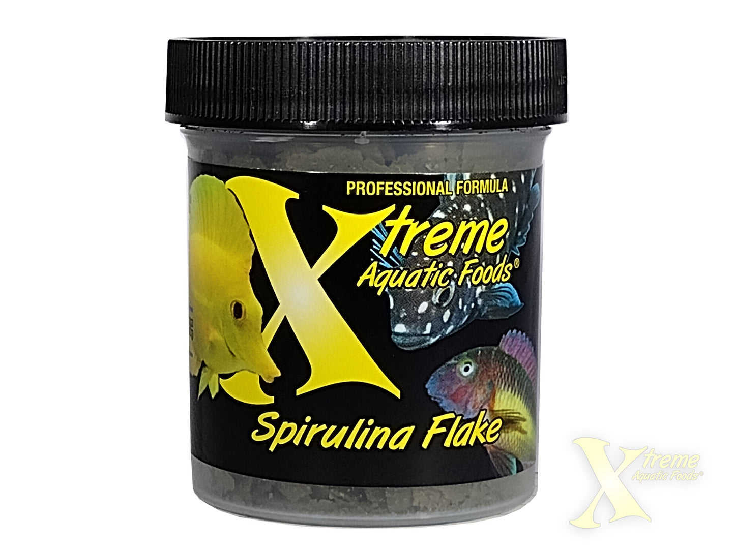 Xtreme Spirulina Flake jar front with professional formula label and cichlid artwork