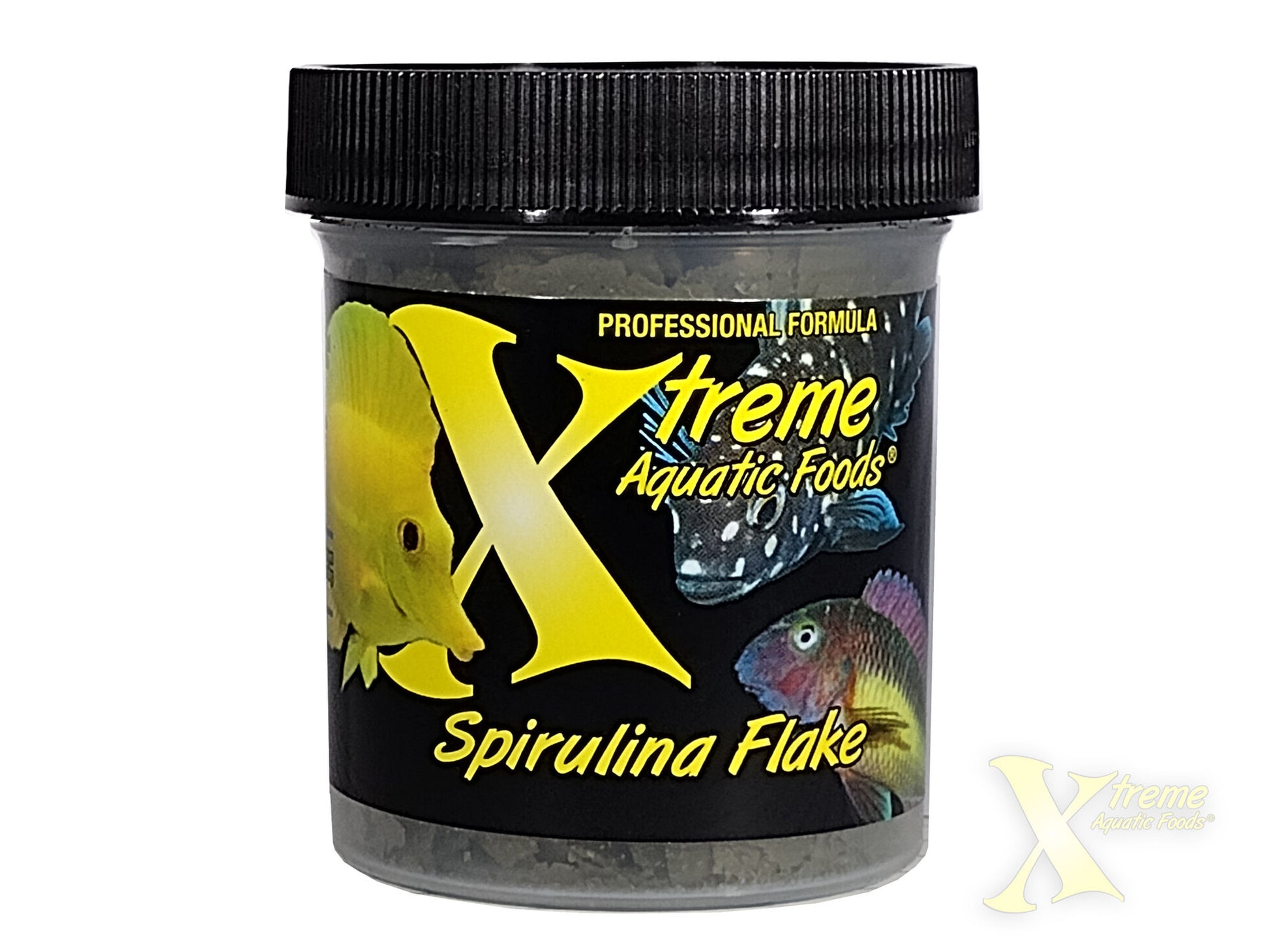 Xtreme Spirulina Flake jar front with professional formula label and cichlid artwork
