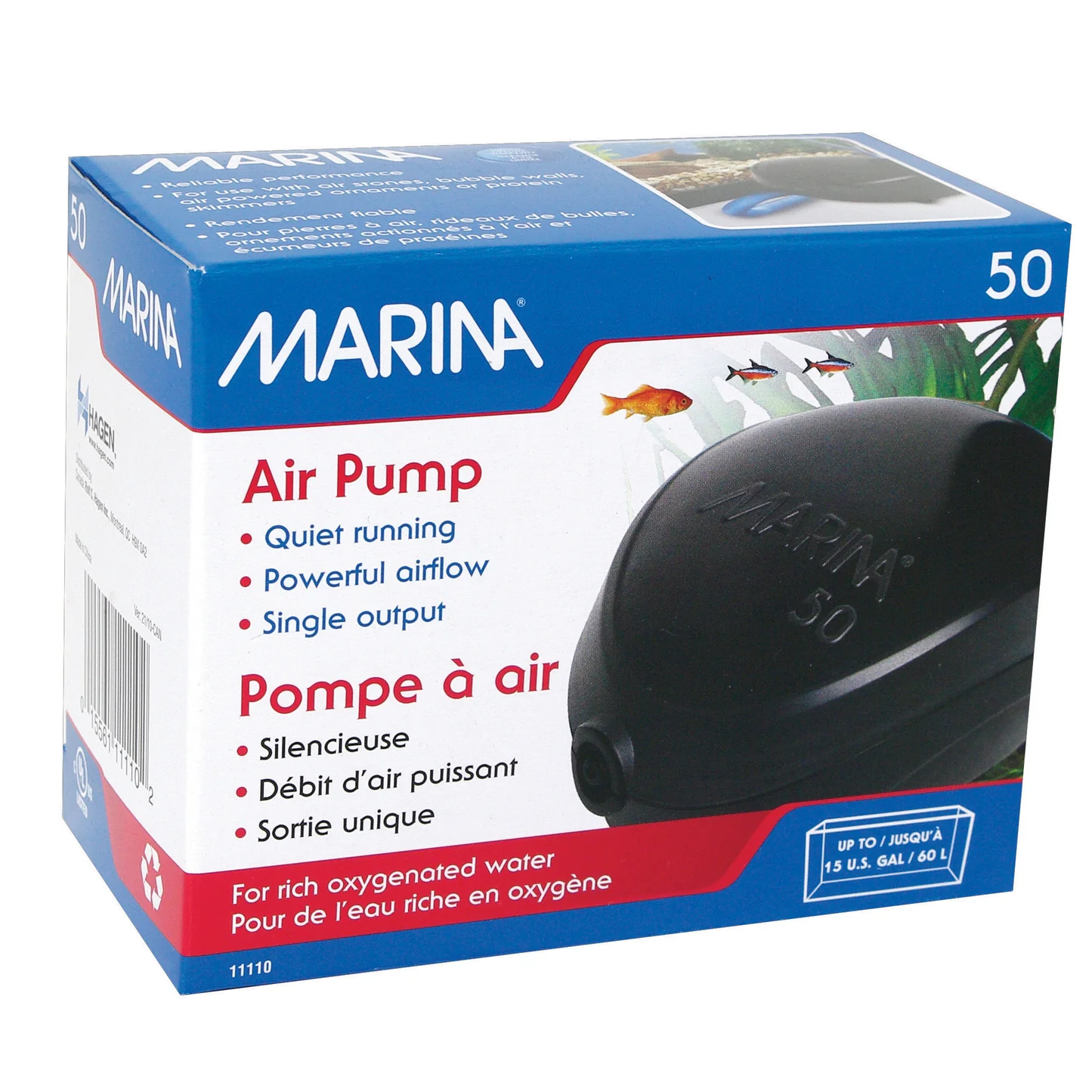 Marina Air Pump 50 box, single-output aquarium air pump for tanks up to 15 gallons, freshwater or saltwater