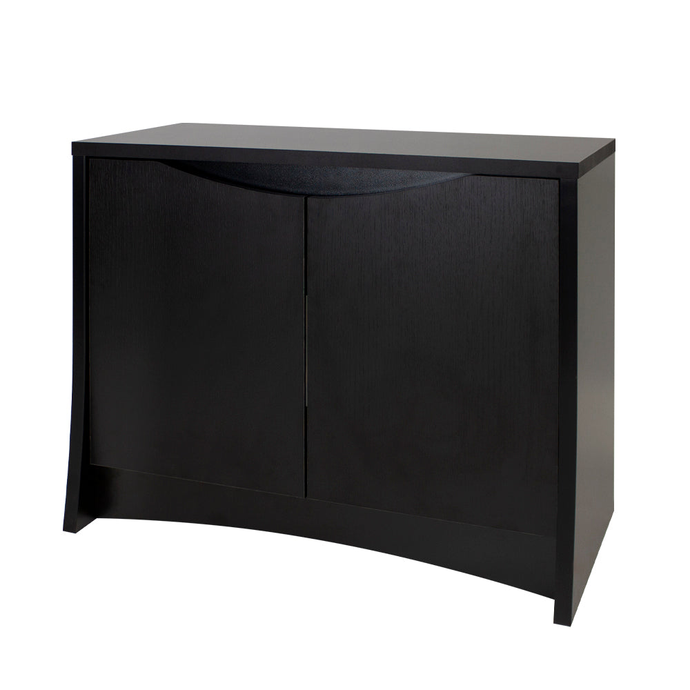 Fluval Flex 32.5 aquarium stand, black cabinet with curved front doors, angled view