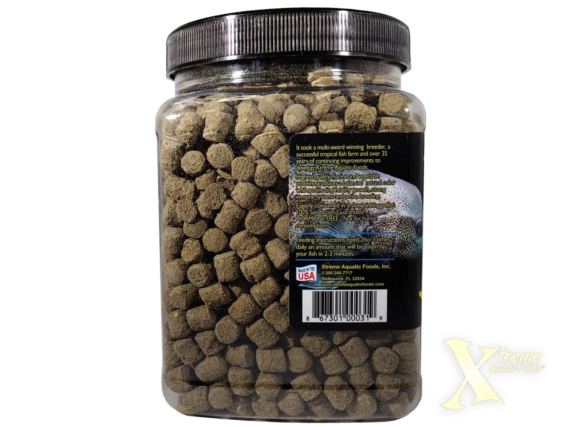Xtreme Aquatic Foods Monster 9mm pellets large jar back label filled with sinking pellets