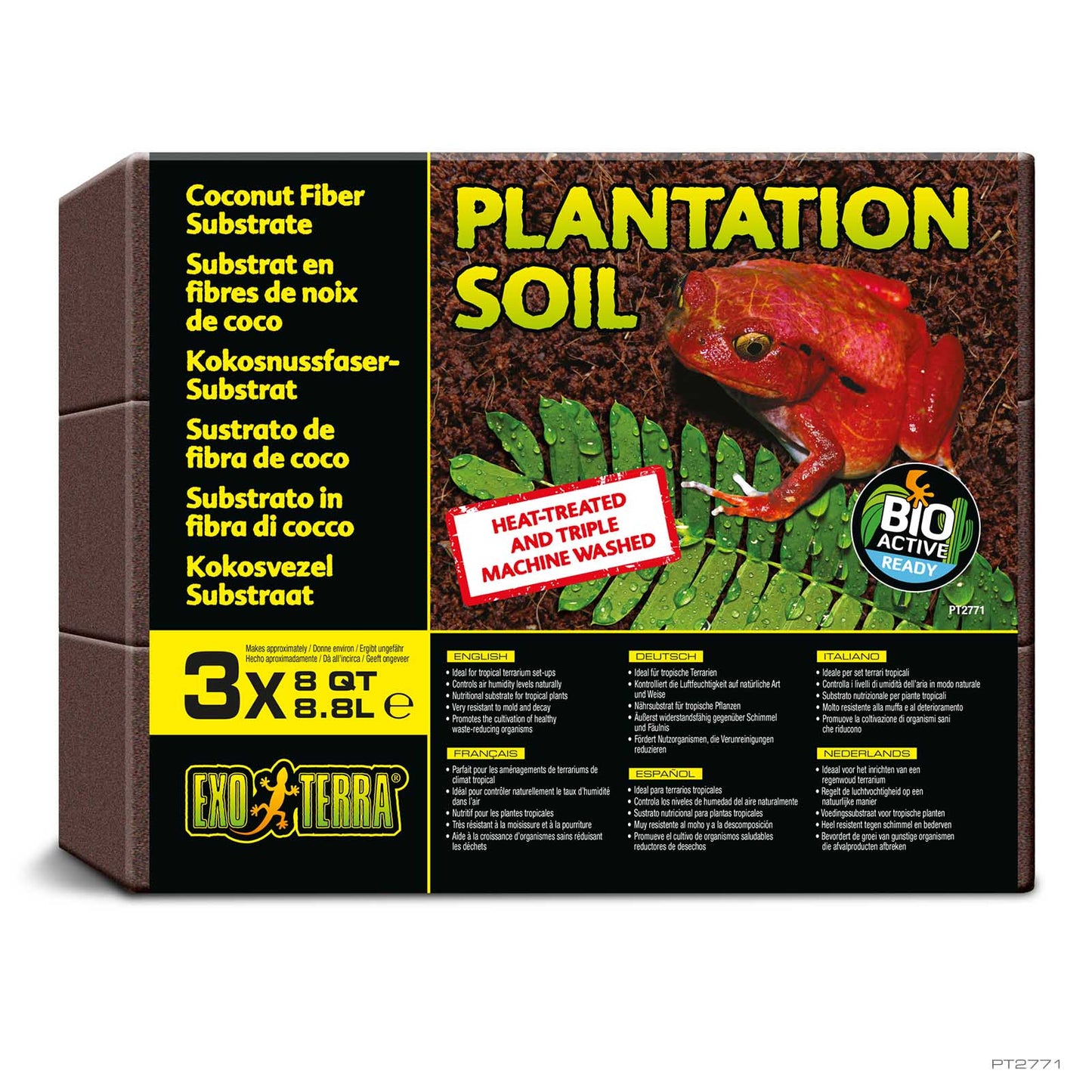 Exo Terra Plantation Soil 3-pack box, three 8 qt compressed coconut fiber bricks with usage instructions