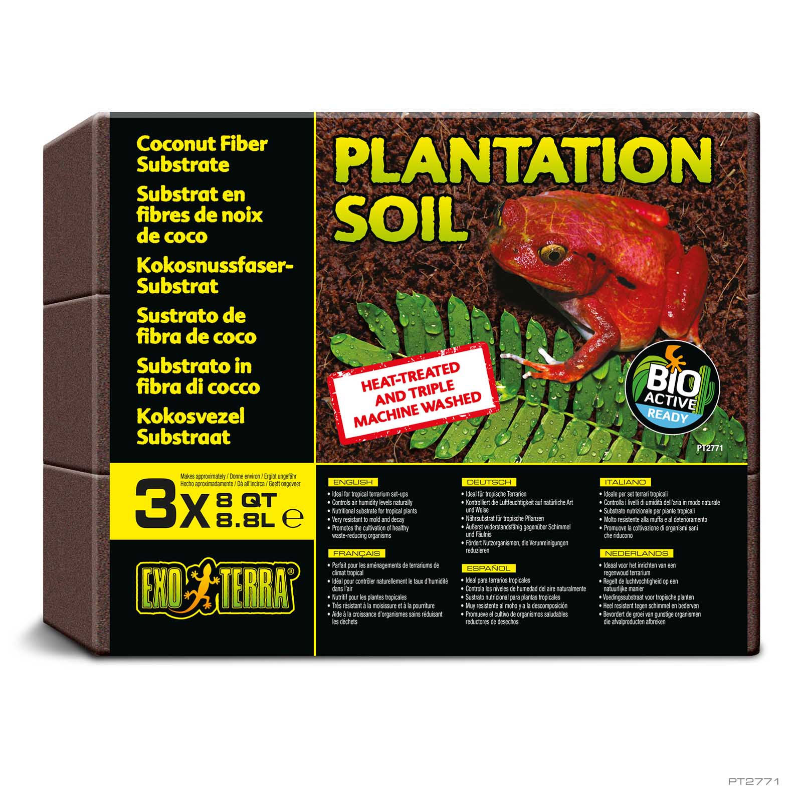 Exo Terra Plantation Soil 3-pack box, three 8 qt compressed coconut fiber bricks with usage instructions