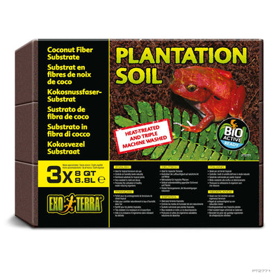 Exo Terra Plantation Soil 3-pack box, three 8 qt compressed coconut fiber bricks with usage instructions