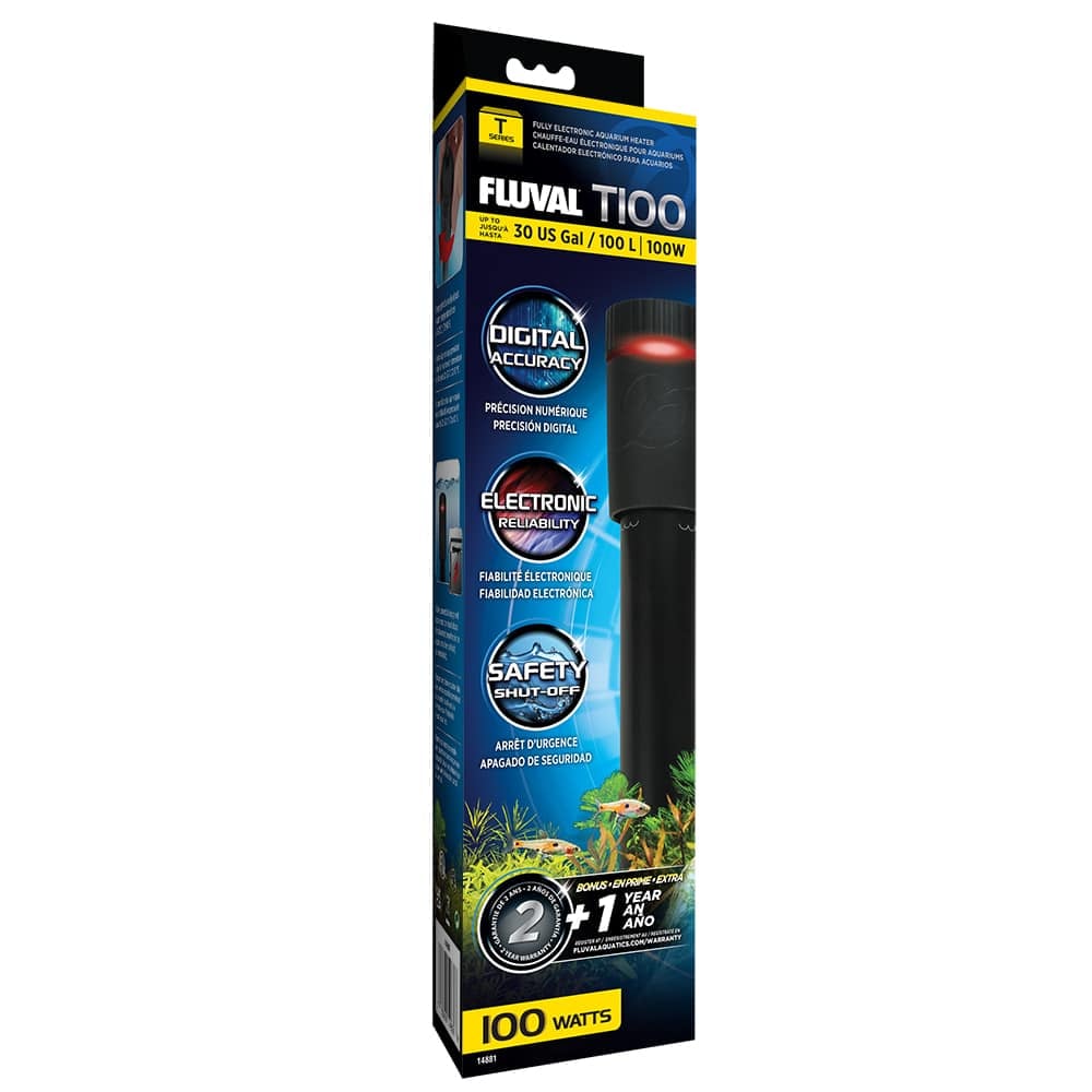 Fluval T100 electronic aquarium heater retail box, up to 30 US gallons, 100 watts