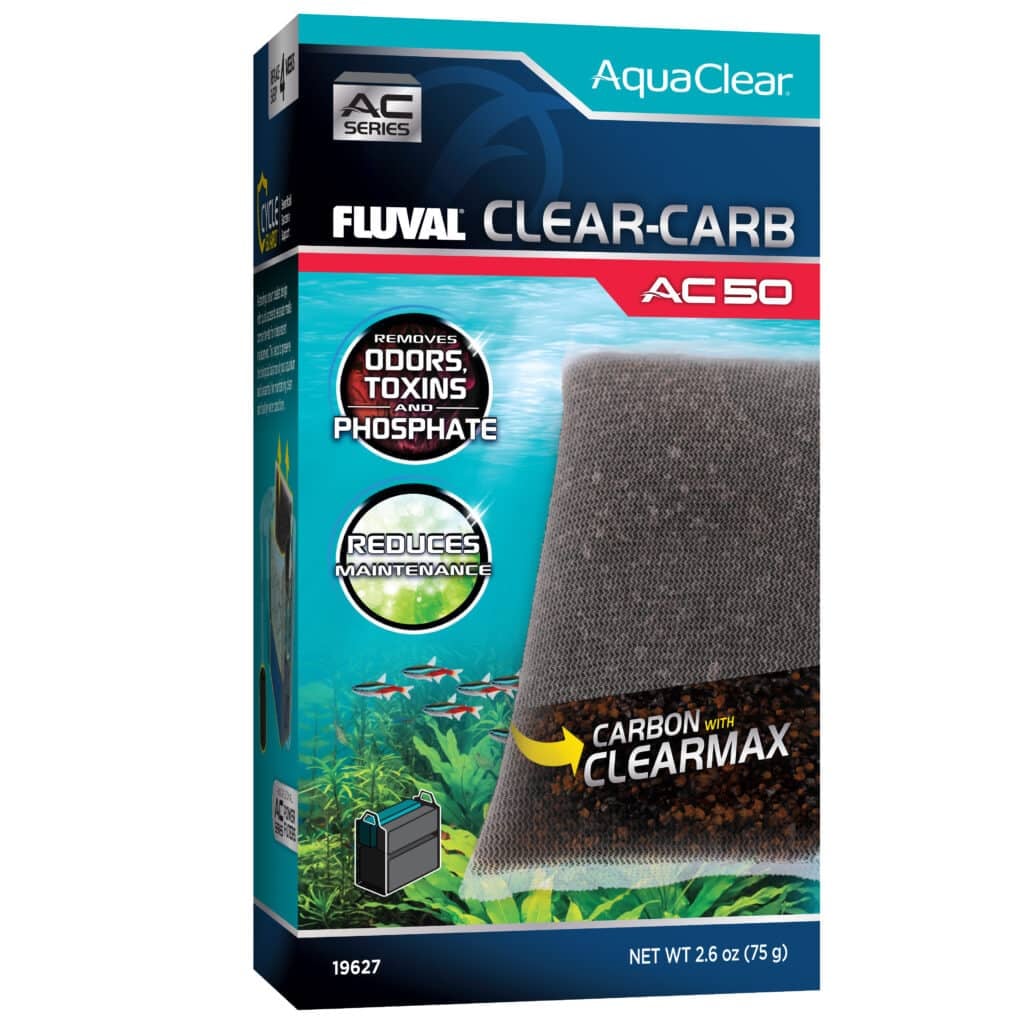 Fluval AquaClear Clear-Carb AC50 filter insert box, activated carbon with ClearMax that removes odors, toxins, and phosphate in AquaClear 50 filters