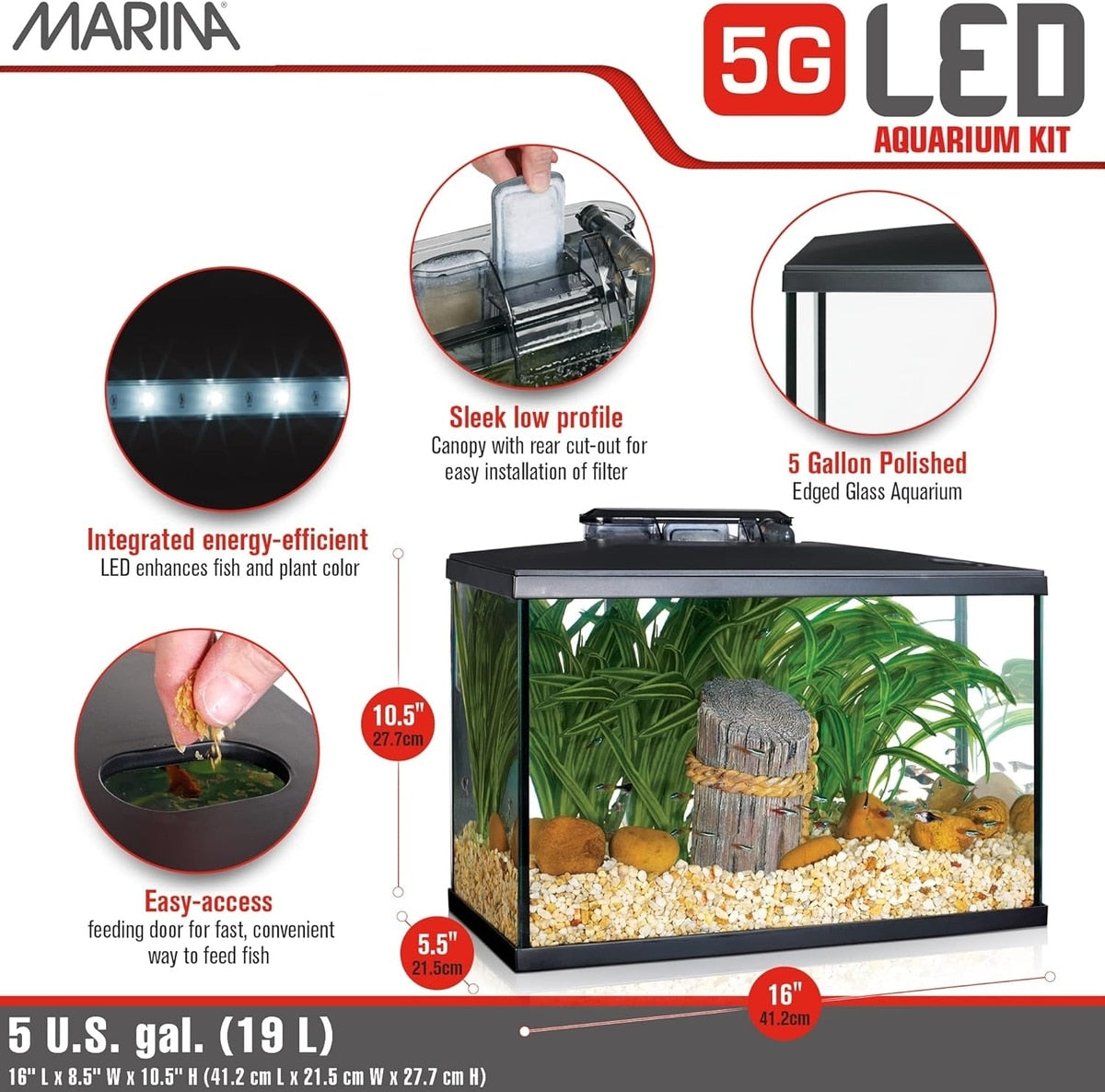 Marina 5G LED kit features panel: energy-efficient LED, low-profile canopy, polished glass tank, and easy-access feeding door