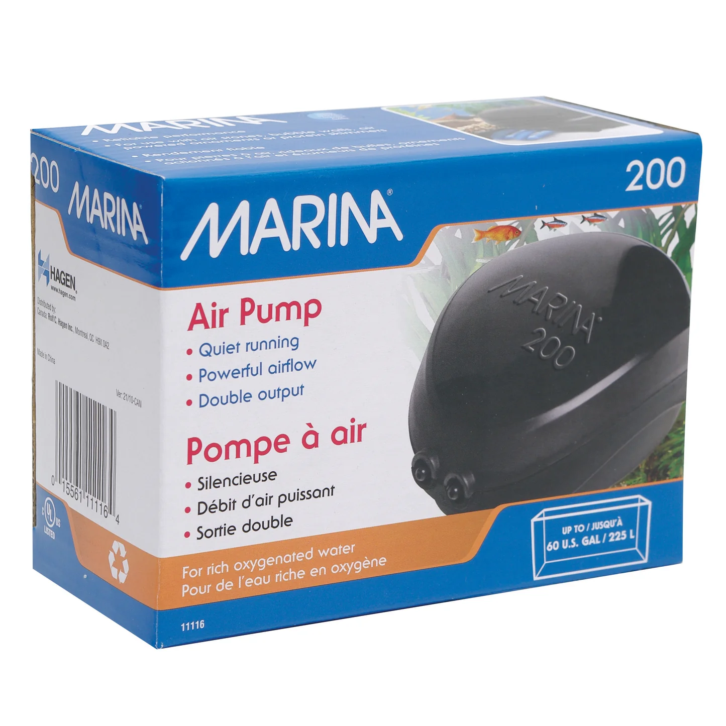 Marina Air Pump 200 box, double-output aquarium air pump for tanks up to 60 gallons, freshwater or saltwater