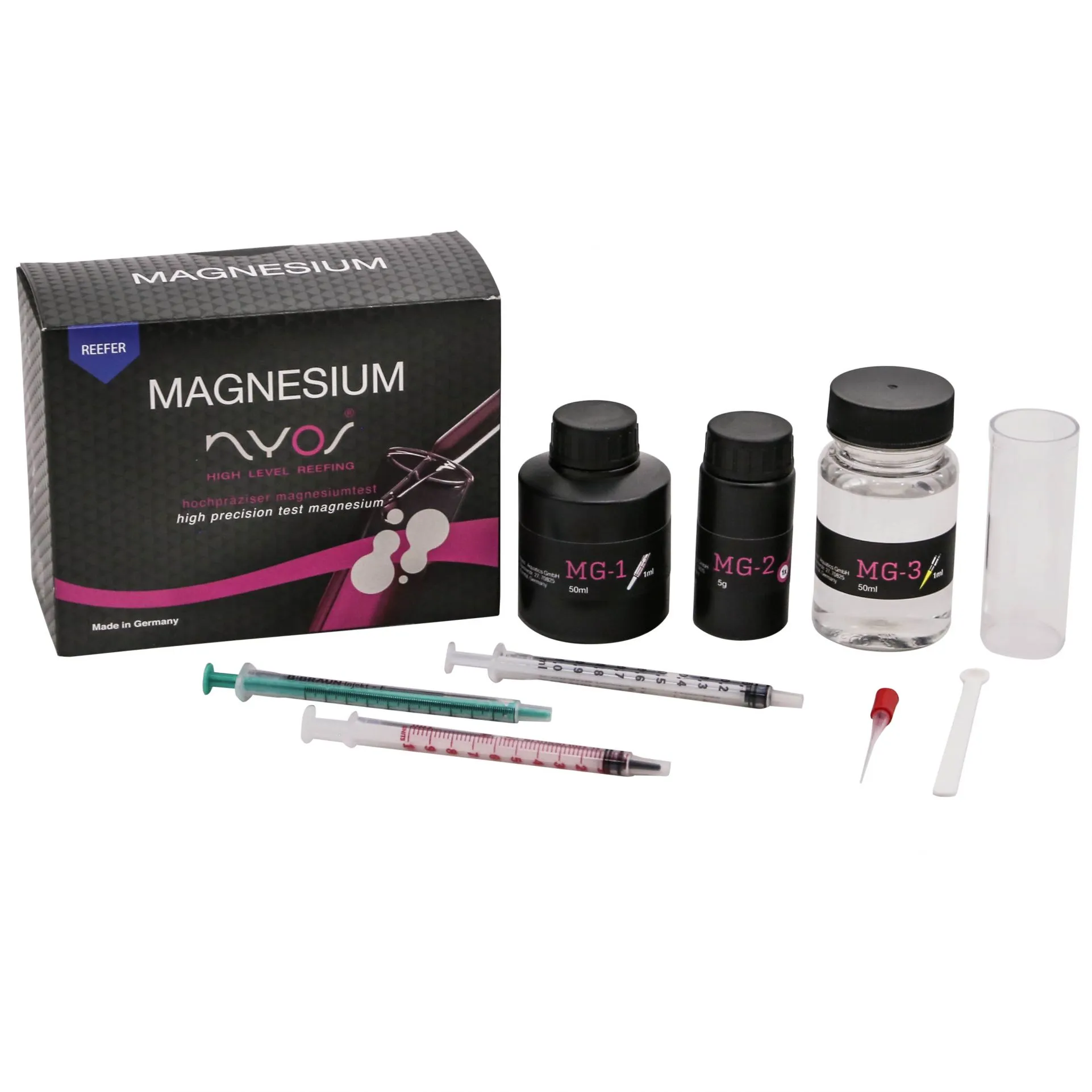 Nyos Magnesium Reefer Test Kit - reagents, syringes, and vial for saltwater reef Mg titration testing
