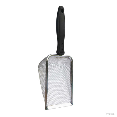 Exo Terra Stainless Steel Scooper with fine mesh head and black comfort-grip handle
