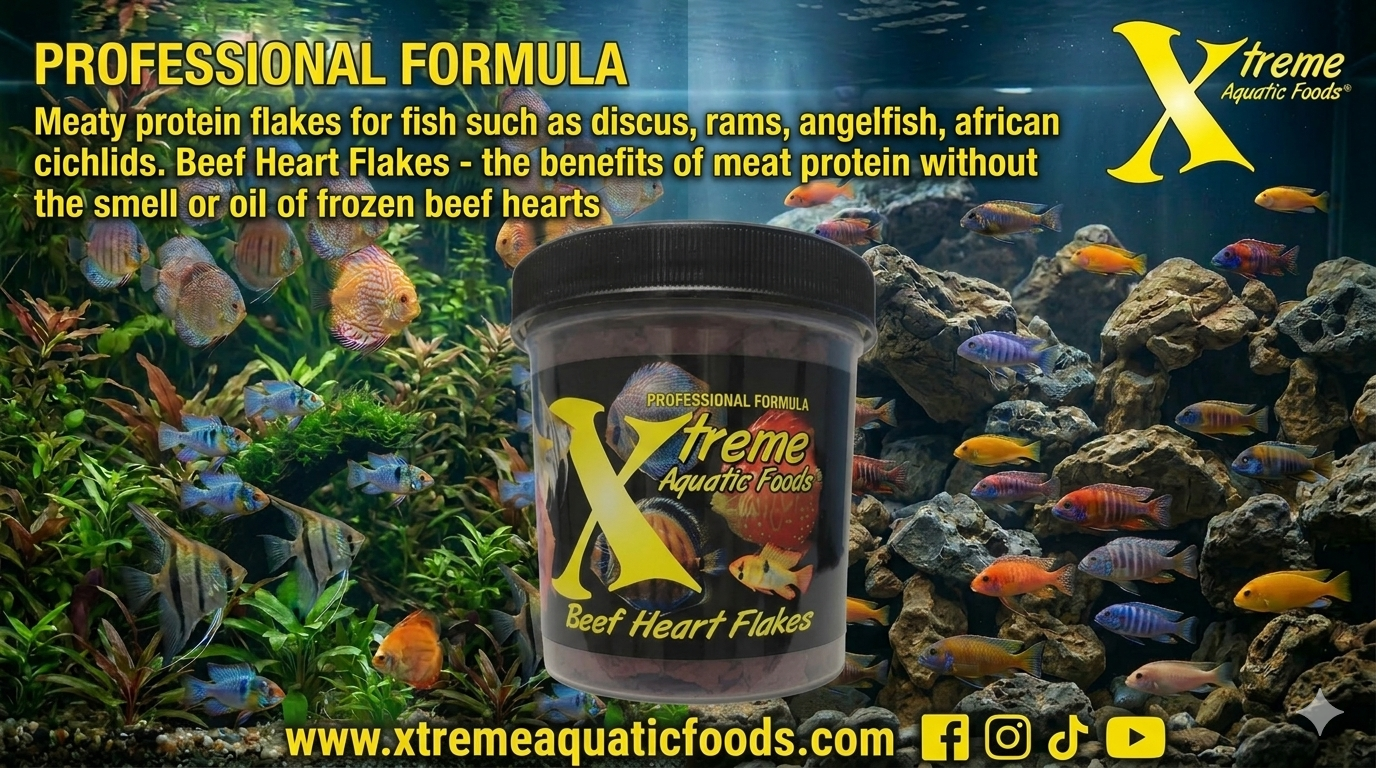 Xtreme Aquatic Foods Beef Heart Flakes, krill-and-beef-heart protein food for discus, angelfish, and African cichlids