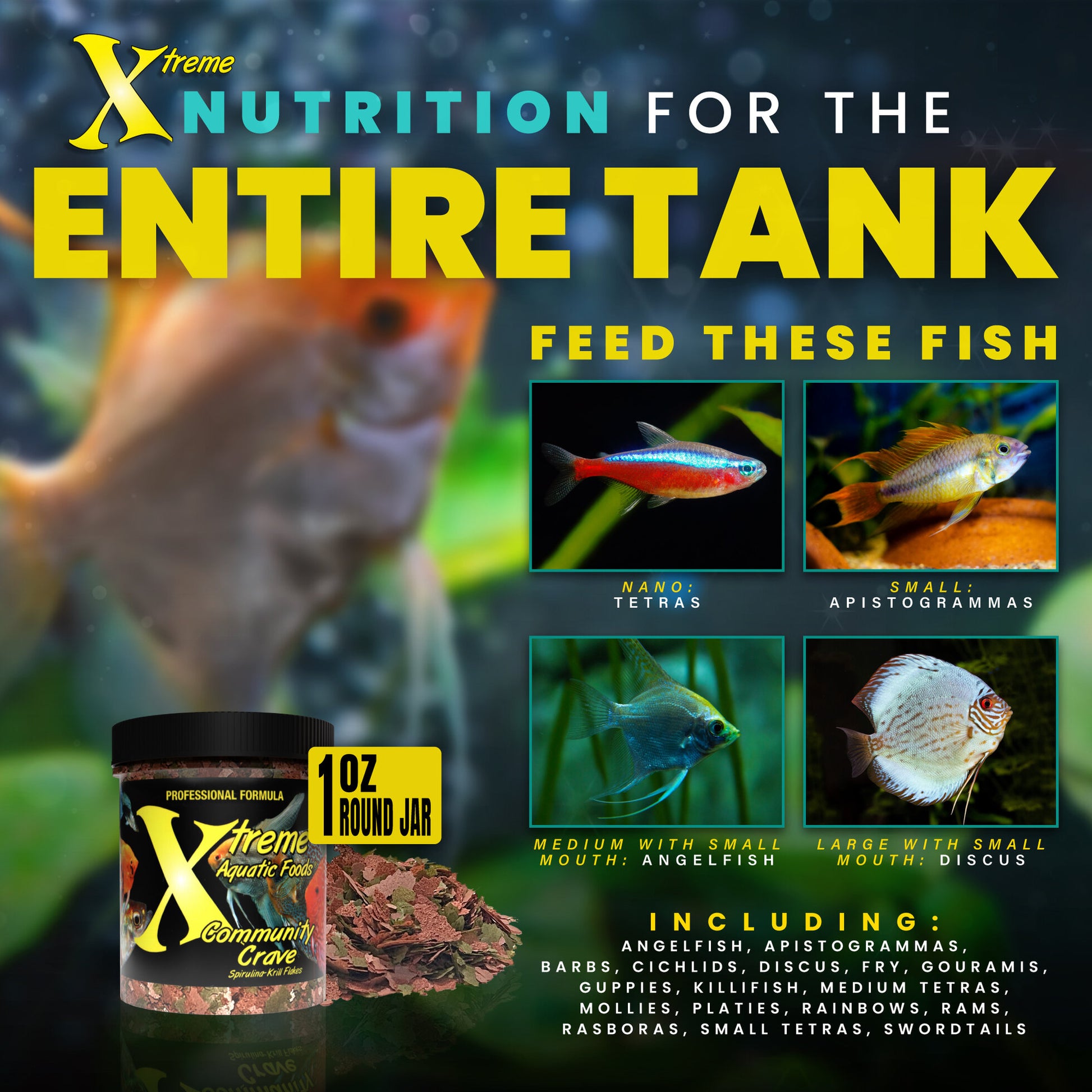 Xtreme Community Crave feeding chart of freshwater fish including tetras, apistogrammas, angelfish and discus