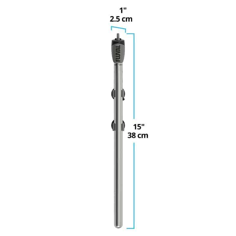 Fluval M300 mirror-glass heater dimensions diagram, 15 inches tall with a top control dial