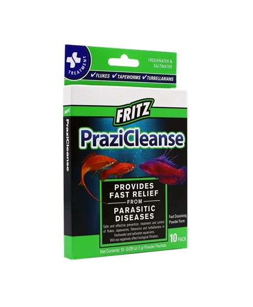 Fritz PraziCleanse 10-pack box - praziquantel powder packets for treating flukes, tapeworms, and parasitic worms in freshwater and saltwater aquariums