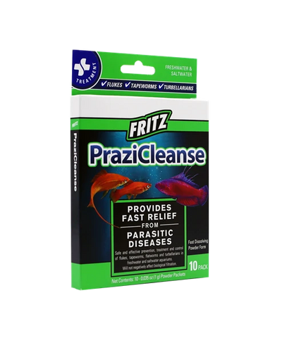 Fritz PraziCleanse 10-pack box - praziquantel powder packets for treating flukes, tapeworms, and parasitic worms in freshwater and saltwater aquariums