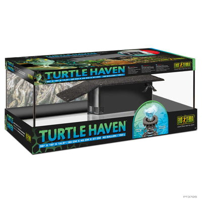 Exo Terra Turtle Haven retail box, all-glass aquatic turtle terrarium with built-in filter