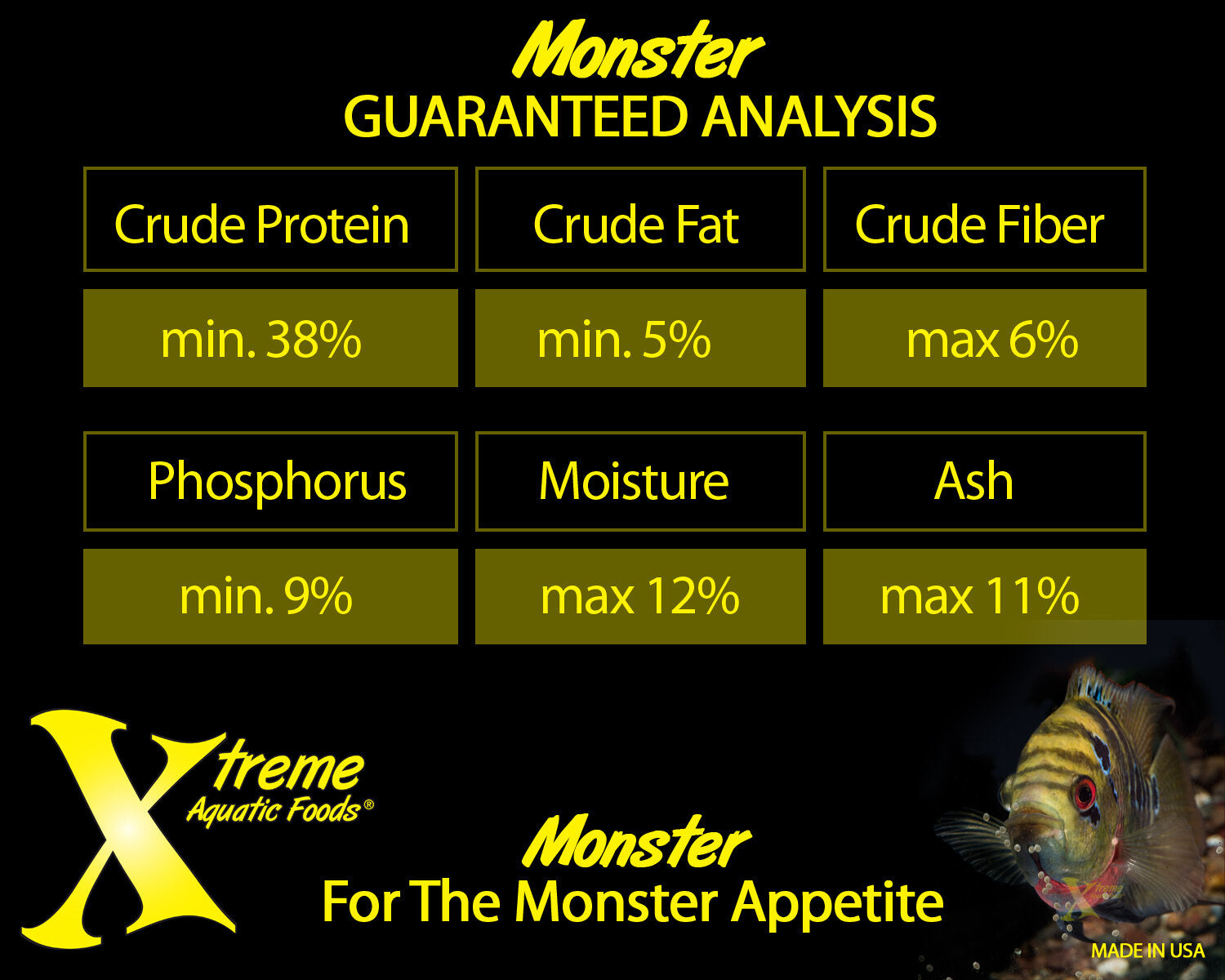 Xtreme Aquatic Foods Monster guaranteed analysis chart with protein, fat, fiber, moisture and ash percentages