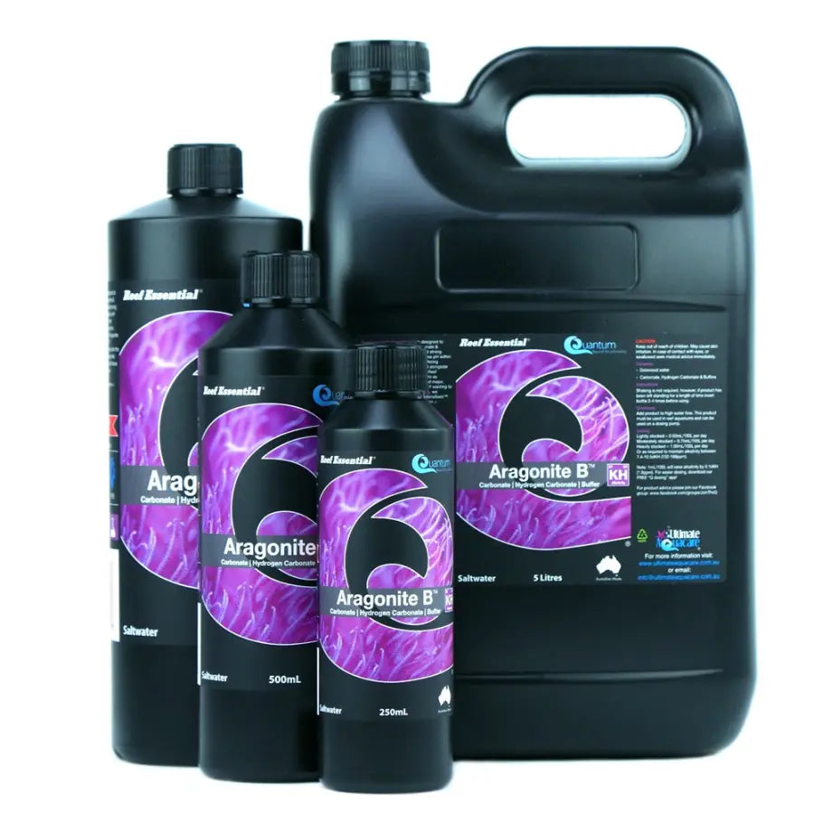 Quantum Aragonite B Alkalinity reef supplement size range, 250 ml, 500 ml, 1 L, and 5 L bottles