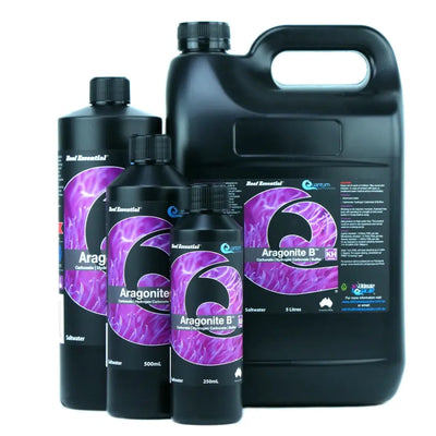 Quantum Aragonite B Alkalinity reef supplement size range, 250 ml, 500 ml, 1 L, and 5 L bottles
