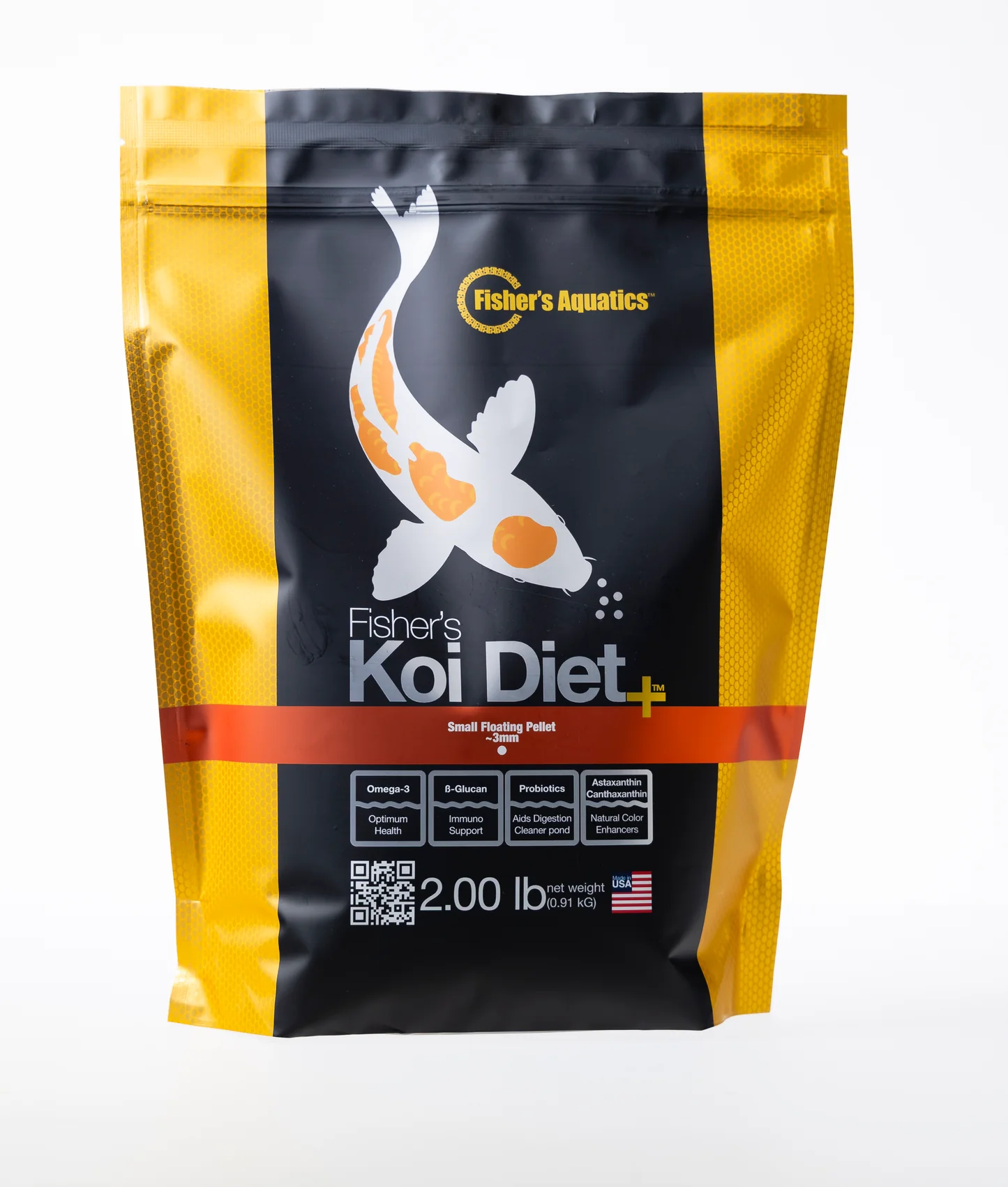 Fisher's Koi Diet+ 2 lb bag, small 3mm floating pellet food for koi and goldfish