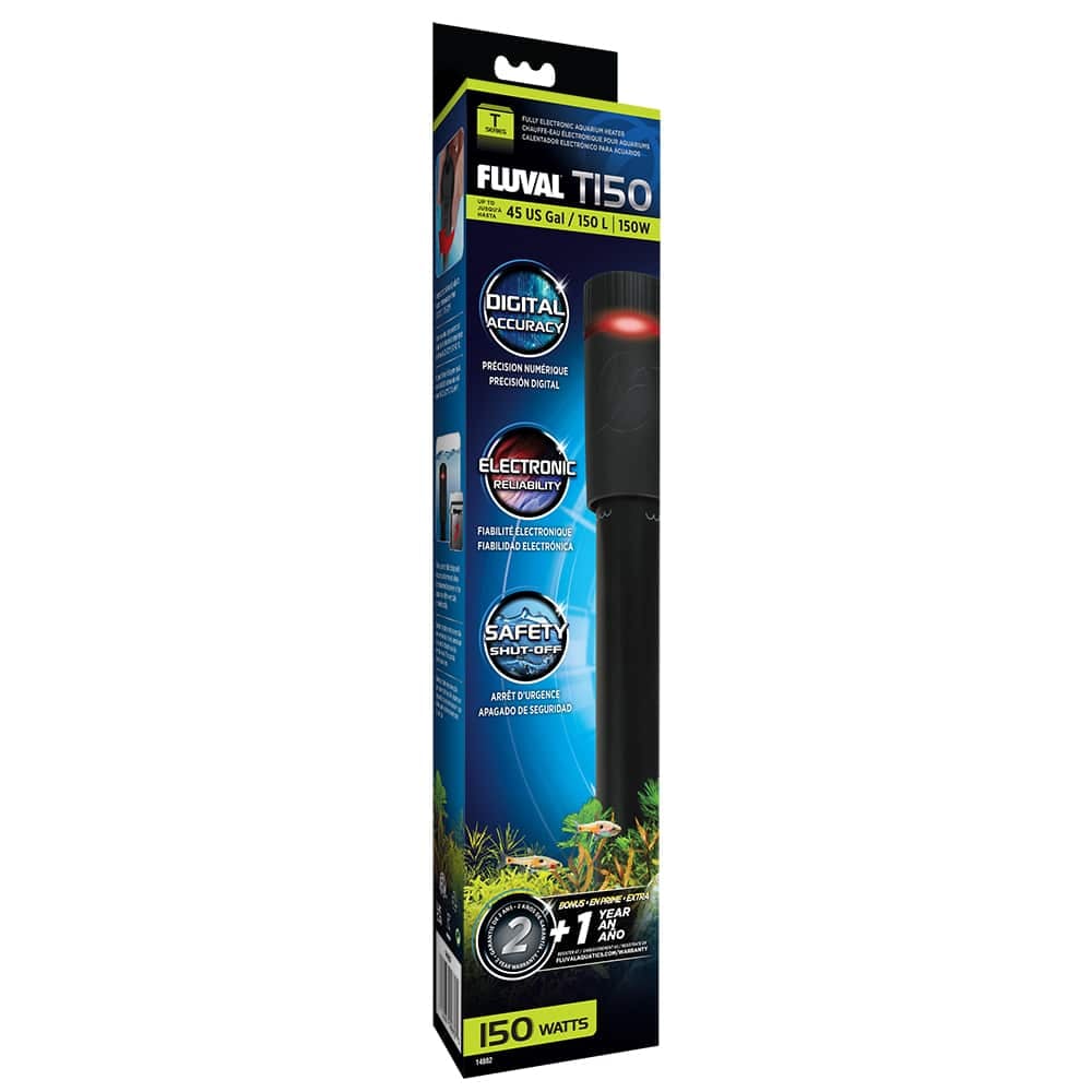 Fluval T150 electronic aquarium heater retail box, up to 45 US gallons, 150 watts