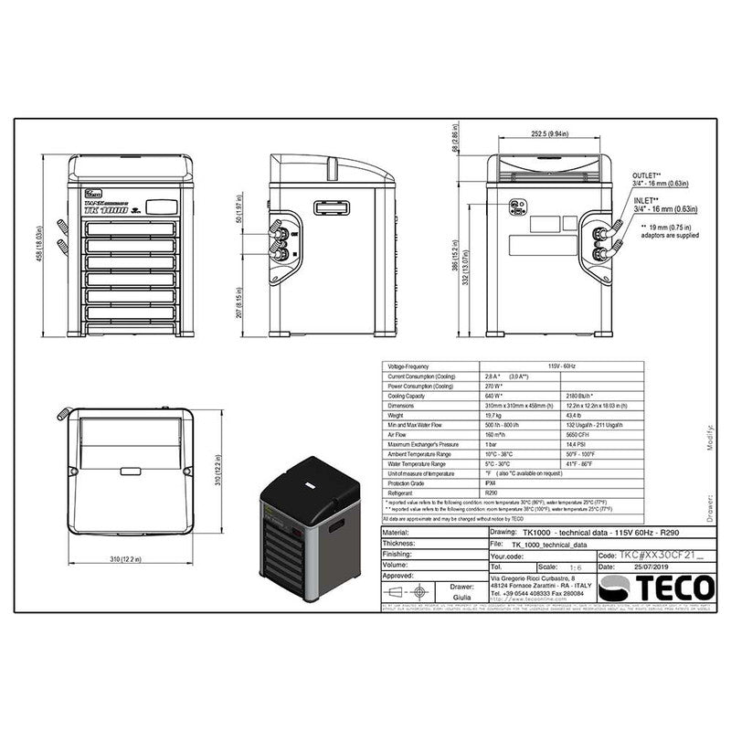 TECO TK chiller technical drawing with measured dimensions and inlet outlet fittings