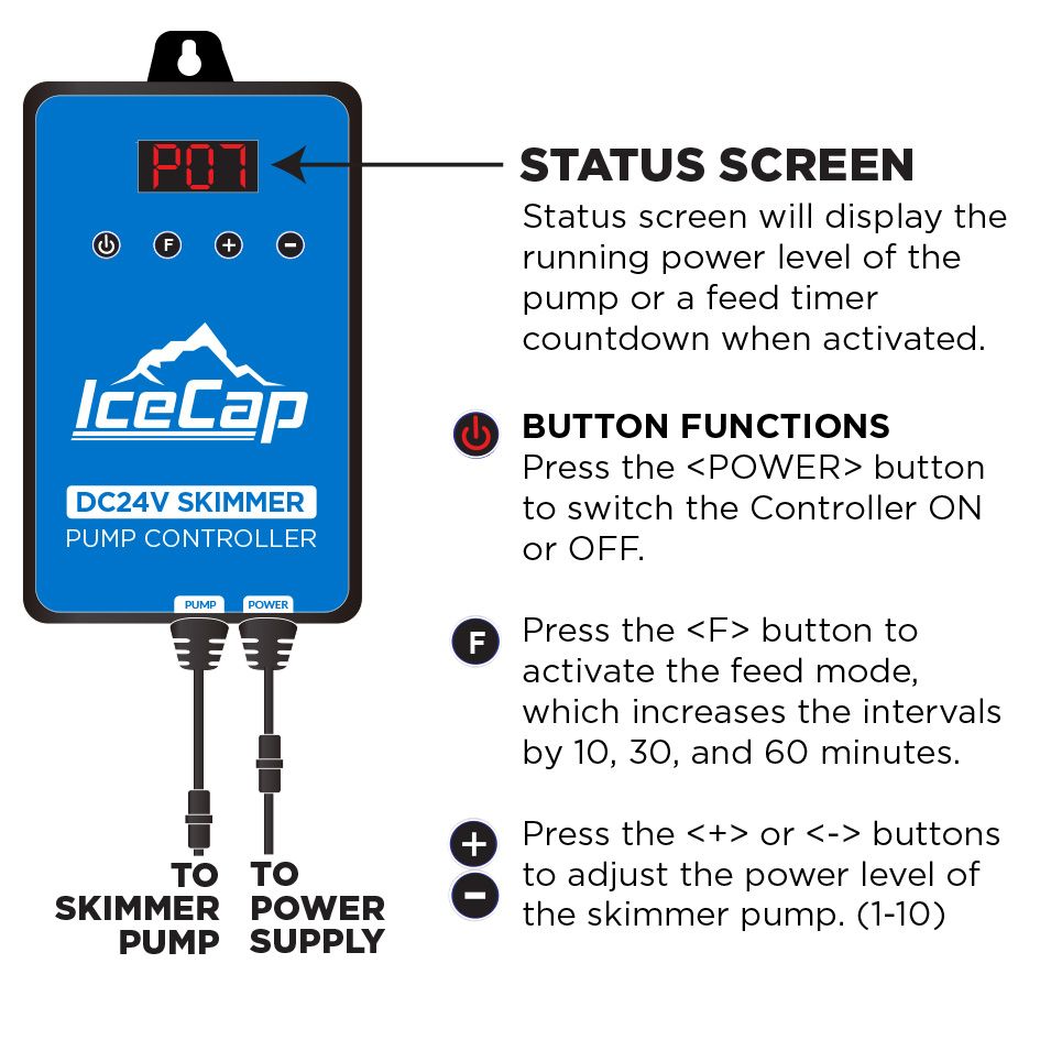 IceCap K3-130INT skimmer controller status screen and button functions guide