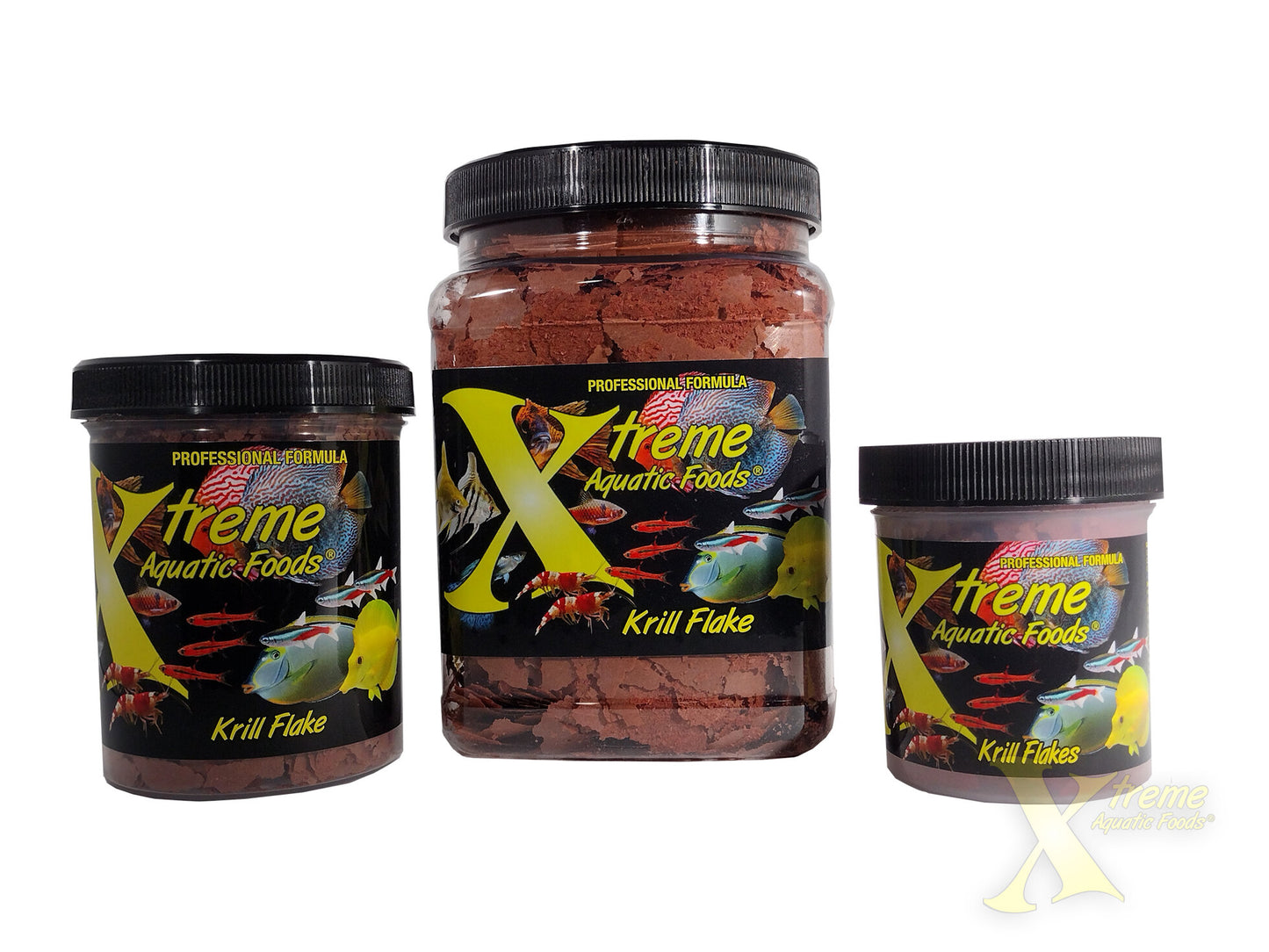 Xtreme Aquatic Foods Krill Flakes shown in multiple jar sizes