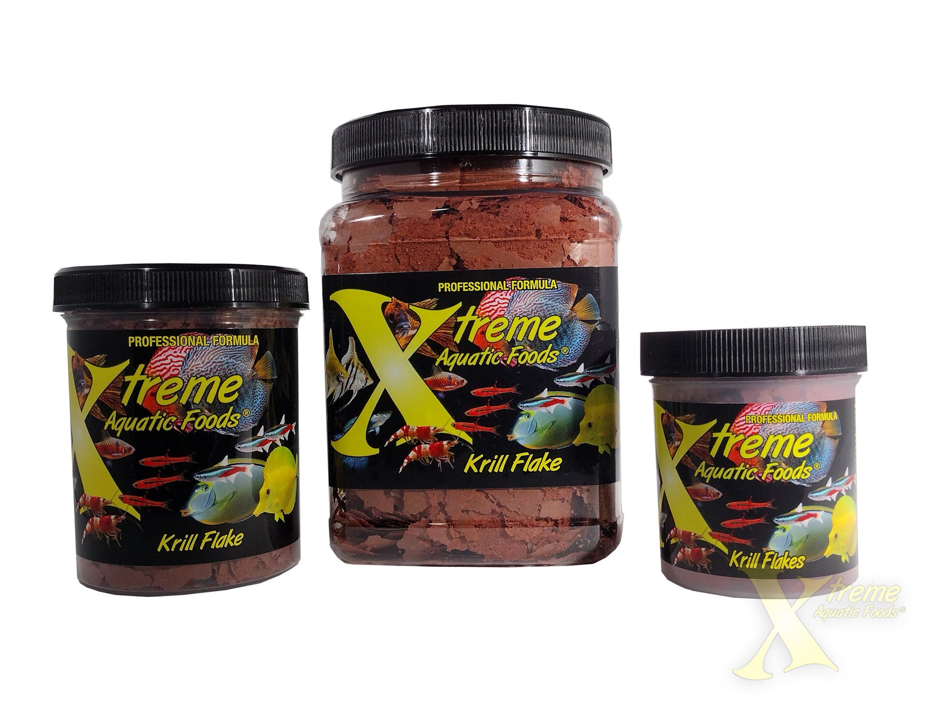 Xtreme Aquatic Foods Krill Flakes shown in multiple jar sizes