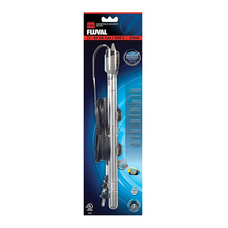Fluval M200 mirror-glass aquarium heater in blister packaging, up to 65 US gallons, 200 watts