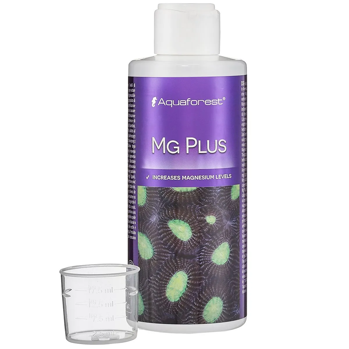 Aquaforest Mg Plus 250mL reef magnesium supplement bottle with dosing cup