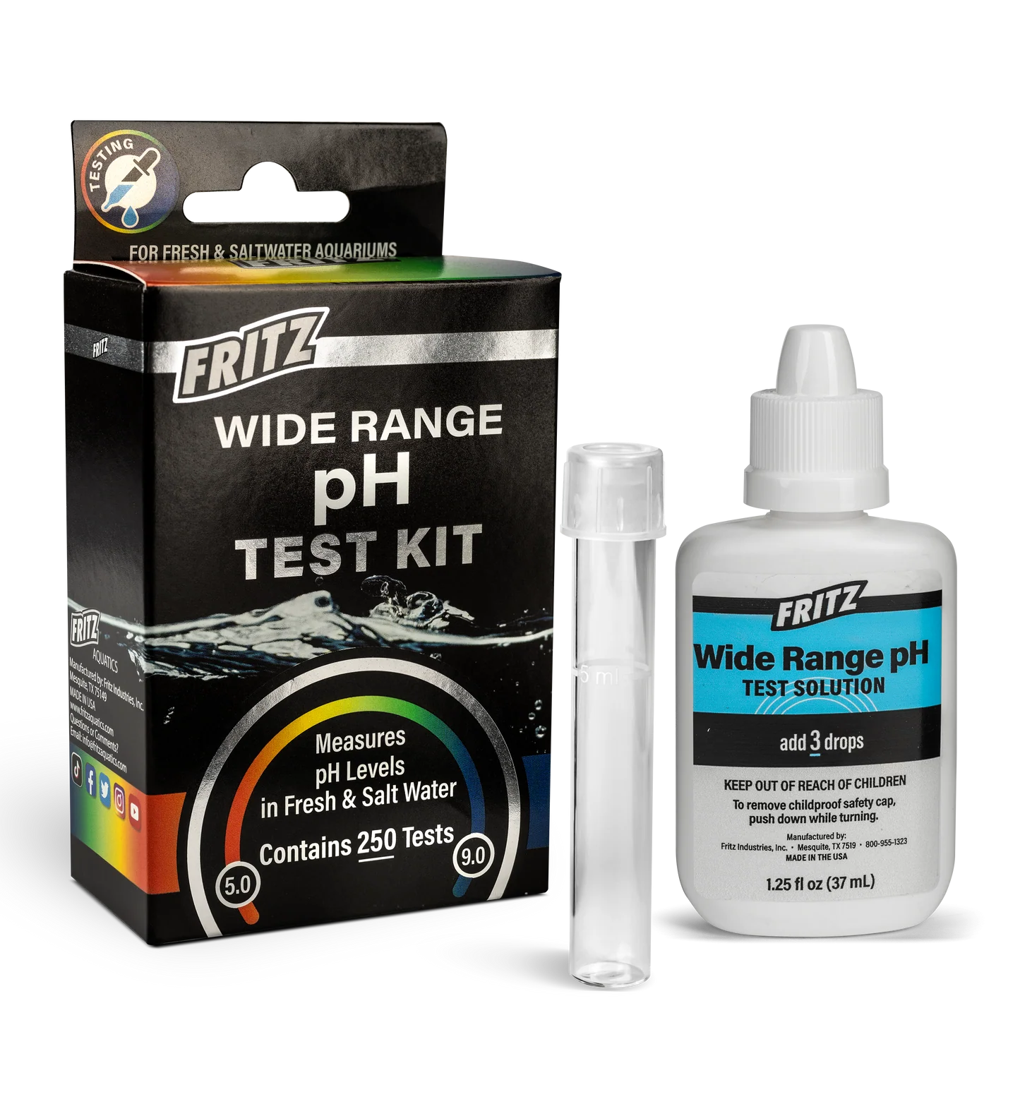 Fritz Wide Range pH Test Kit - liquid pH test (5.0-9.0) for freshwater and saltwater aquariums, 250 tests
