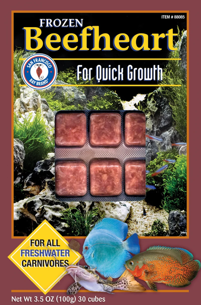SFBB Frozen Beefheart package, 3.5 oz 30-cube pack, San Francisco Bay Brand carnivore food for freshwater fish