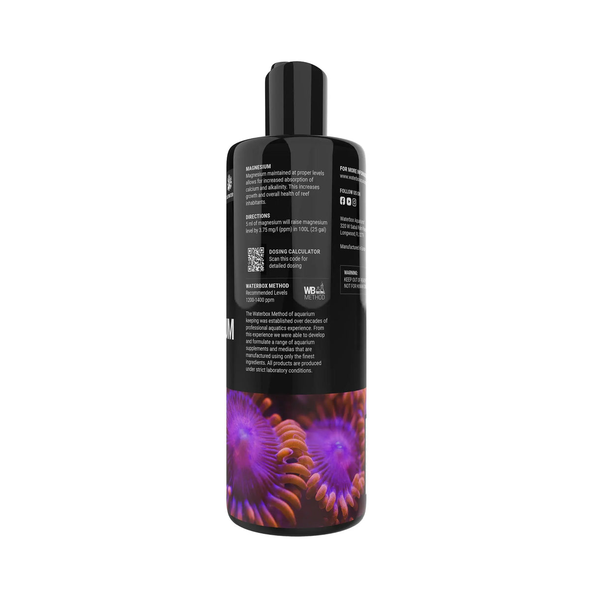 Waterbox Magnesium 500mL back label dosing directions, 5 mL raises magnesium 3.75 ppm per 25 gallons