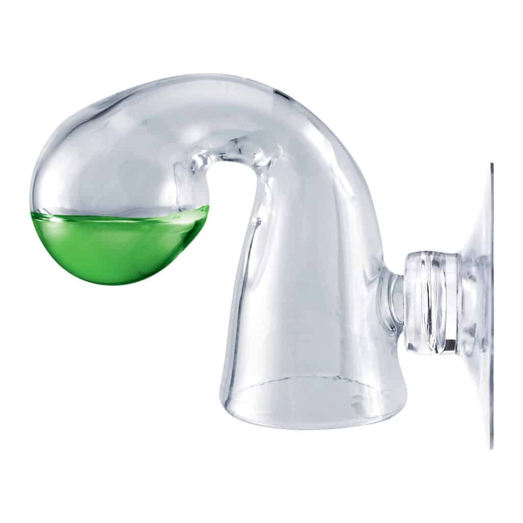 Fluval CO2 drop checker glass indicator with green solution and suction-cup mount, showing an ideal CO2 level