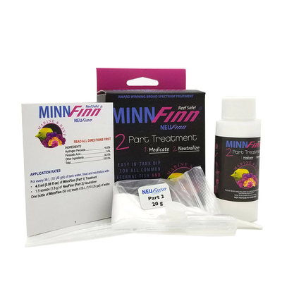 MinnFinn Marine & Reef 2-part fish treatment kit, reef-safe medicate and neutralize, with bottle, NeuFinn, and dosing tools