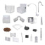 Fluval Kühl components laid out including glass tank, base, LED gooseneck lamp, plant baskets, water pump, and filter media