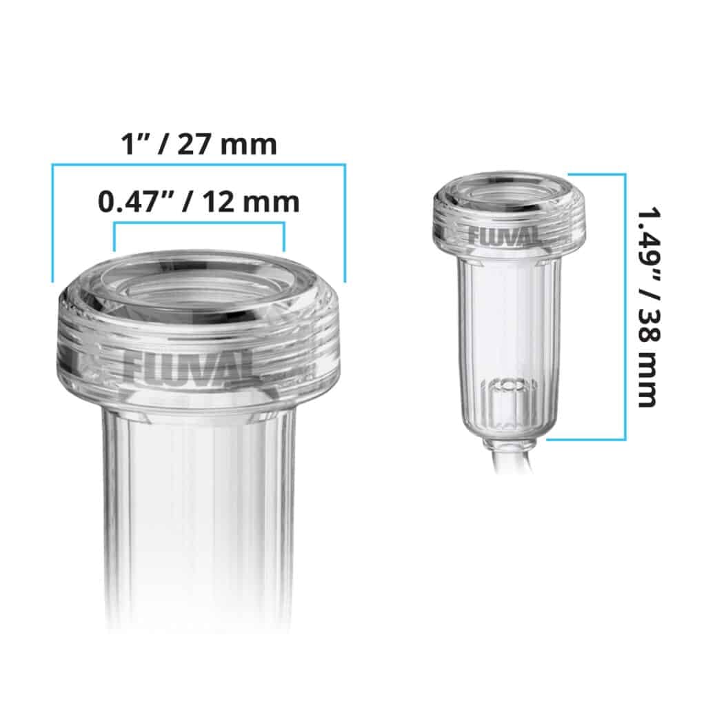 Fluval CO2 Diffuser dimension diagram, about 27 mm outer diameter, 12 mm ceramic disc, and 38 mm tall