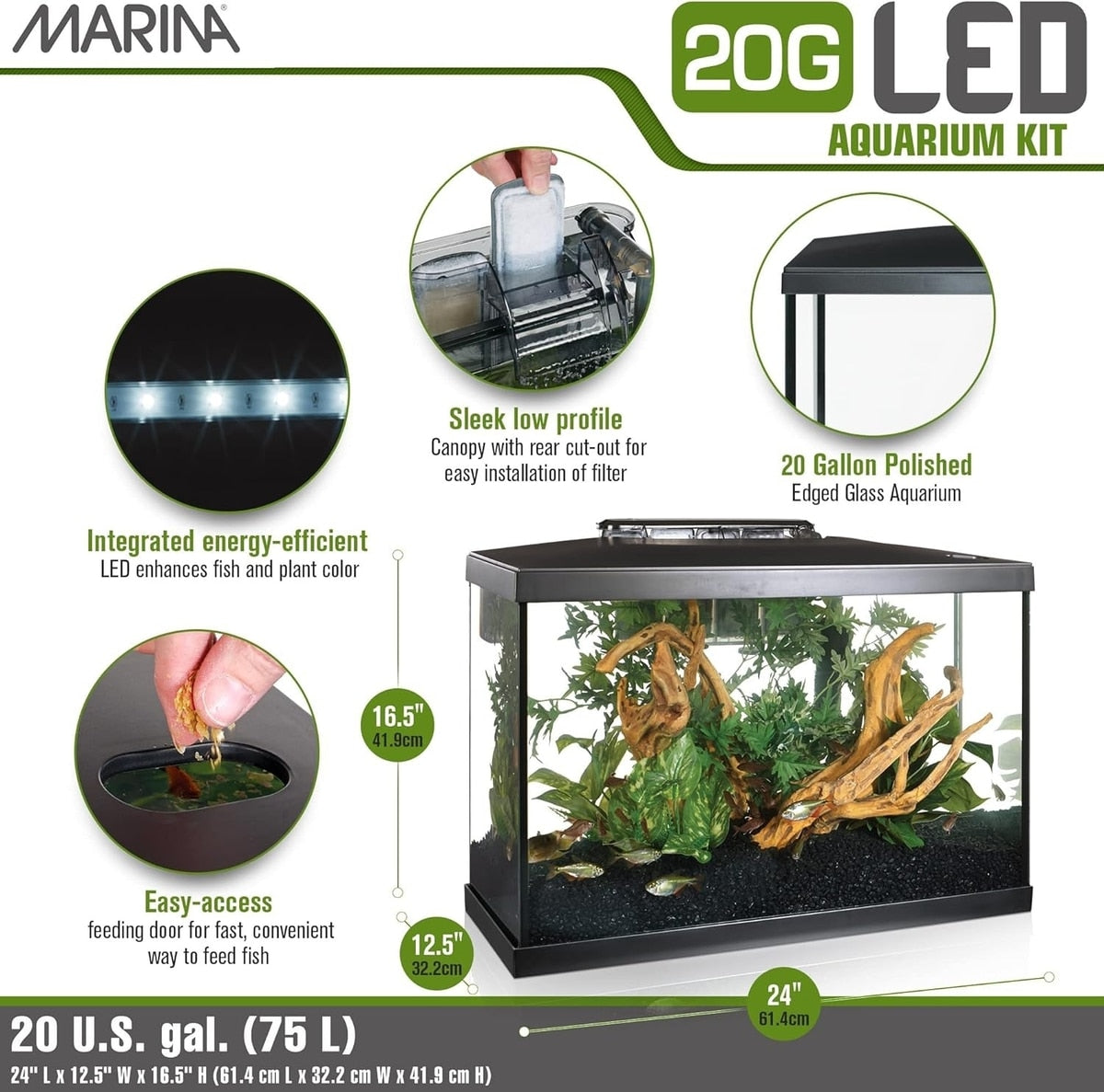 Marina 20G LED kit features panel: energy-efficient LED, low-profile canopy, feeding door, 24 x 12.5 x 16.5 inch tank